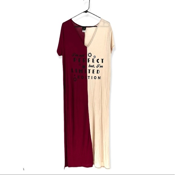 Dresses & Skirts - Women's Two Tone Letter Print Short Sleeve Long Slit Maxi Dress- Various Sizes